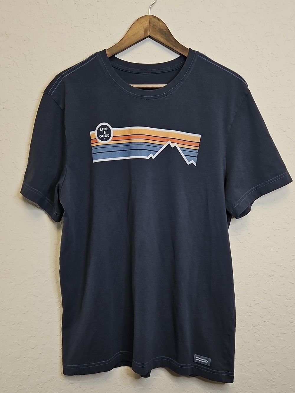 Life is Good Crusher Men's Navy Mountain Stripe Short-Sleeve Tee, Size Large
